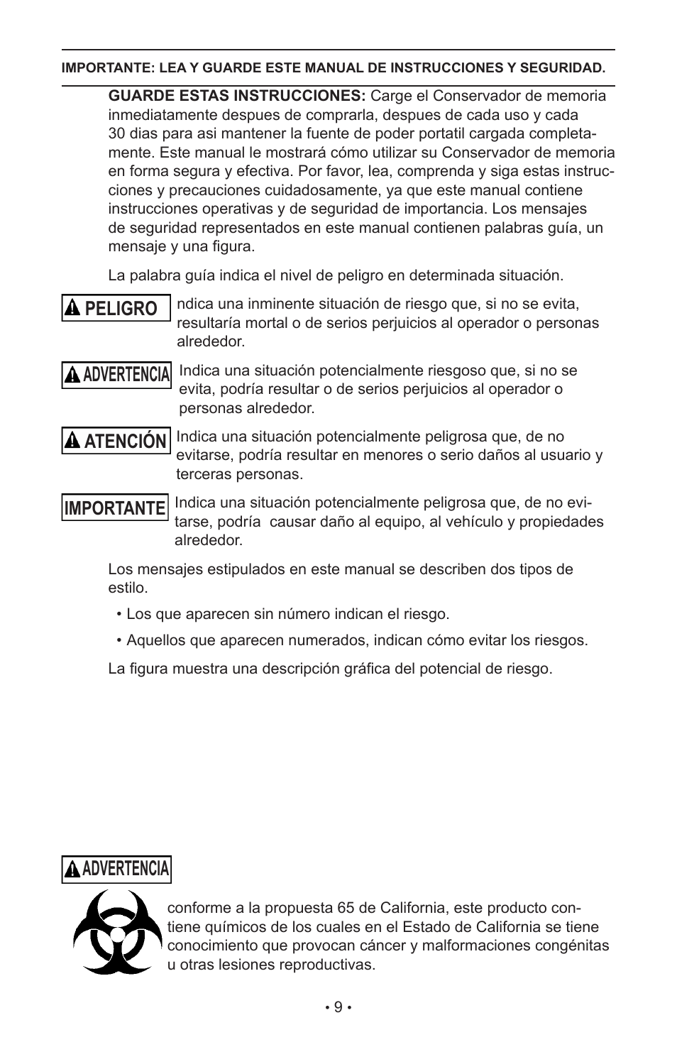 Advertencia, Peligro, Atención | Importante | Schumacher NIN-7A-OBD-Industrial Series User Manual | Page 13 / 28