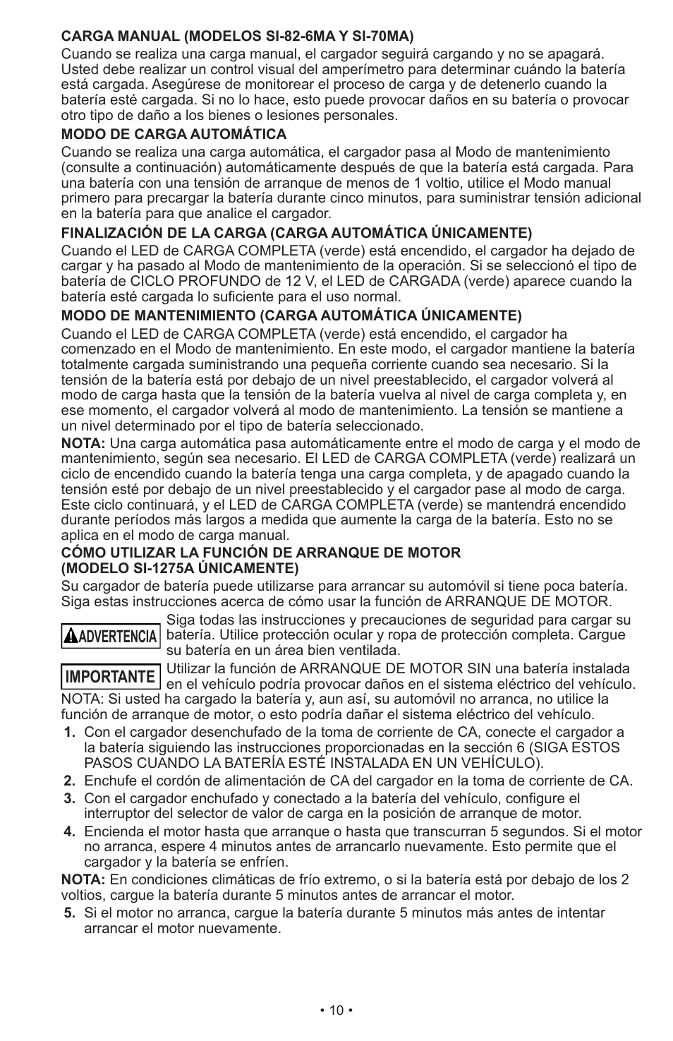 Advertencia, Importante | Schumacher SI-1275A User Manual | Page 10 / 36