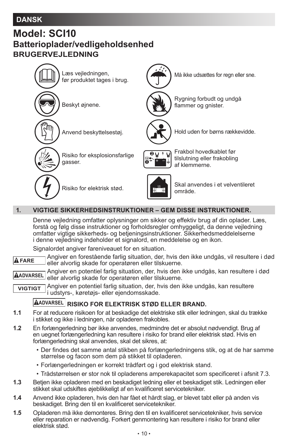 Model: sci10, Batterioplader/vedligeholdsenhed, Dansk | Brugervejledning | Schumacher SCI10 User Manual | Page 10 / 87