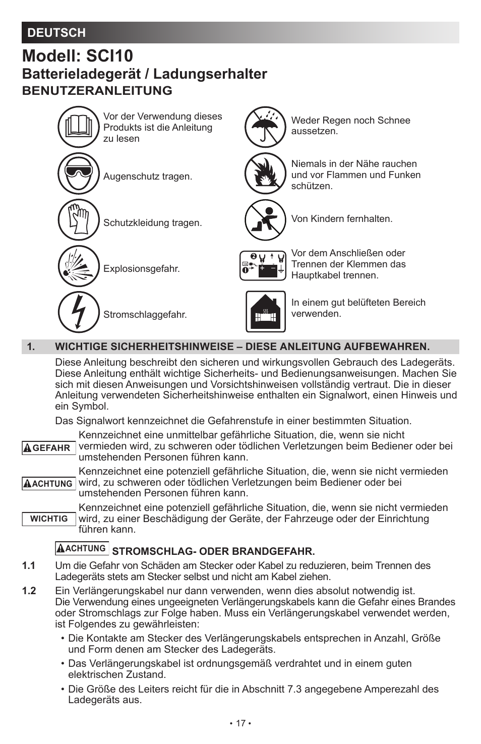 Modell: sci10, Batterieladegerät / ladungserhalter, Deutsch | Benutzeranleitung | Schumacher SCI10 User Manual | Page 17 / 87