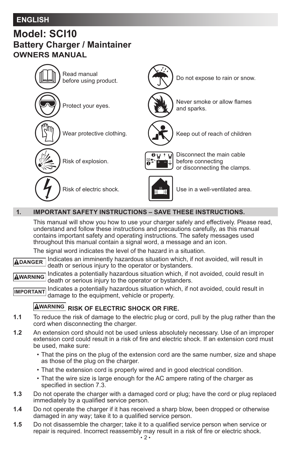 Model: sci10, Battery charger / maintainer, English | Owners manual | Schumacher SCI10 User Manual | Page 2 / 87
