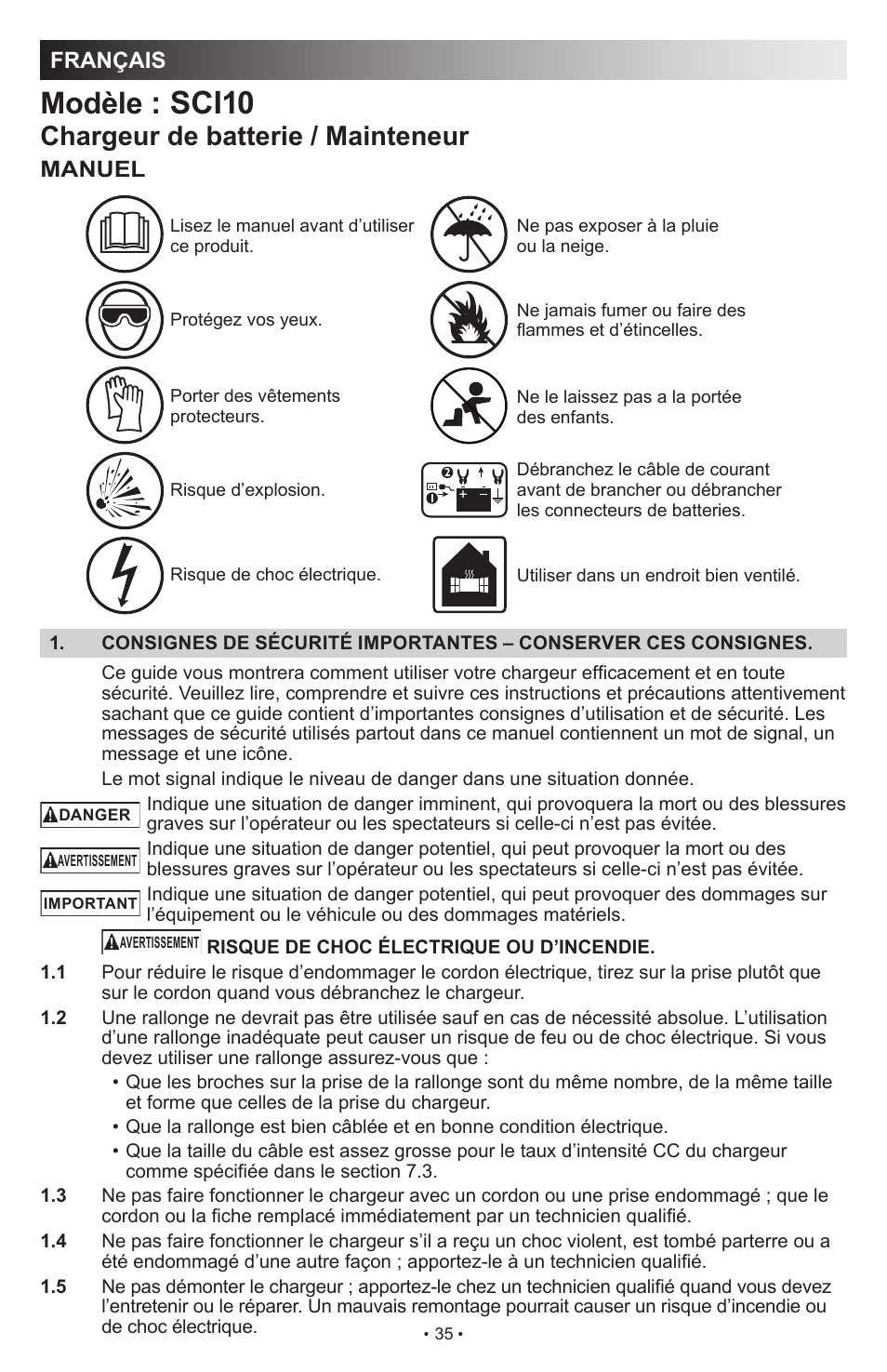 Sci10, Modèle, Chargeur de batterie / mainteneur | Français, Manuel | Schumacher SCI10 User Manual | Page 35 / 87