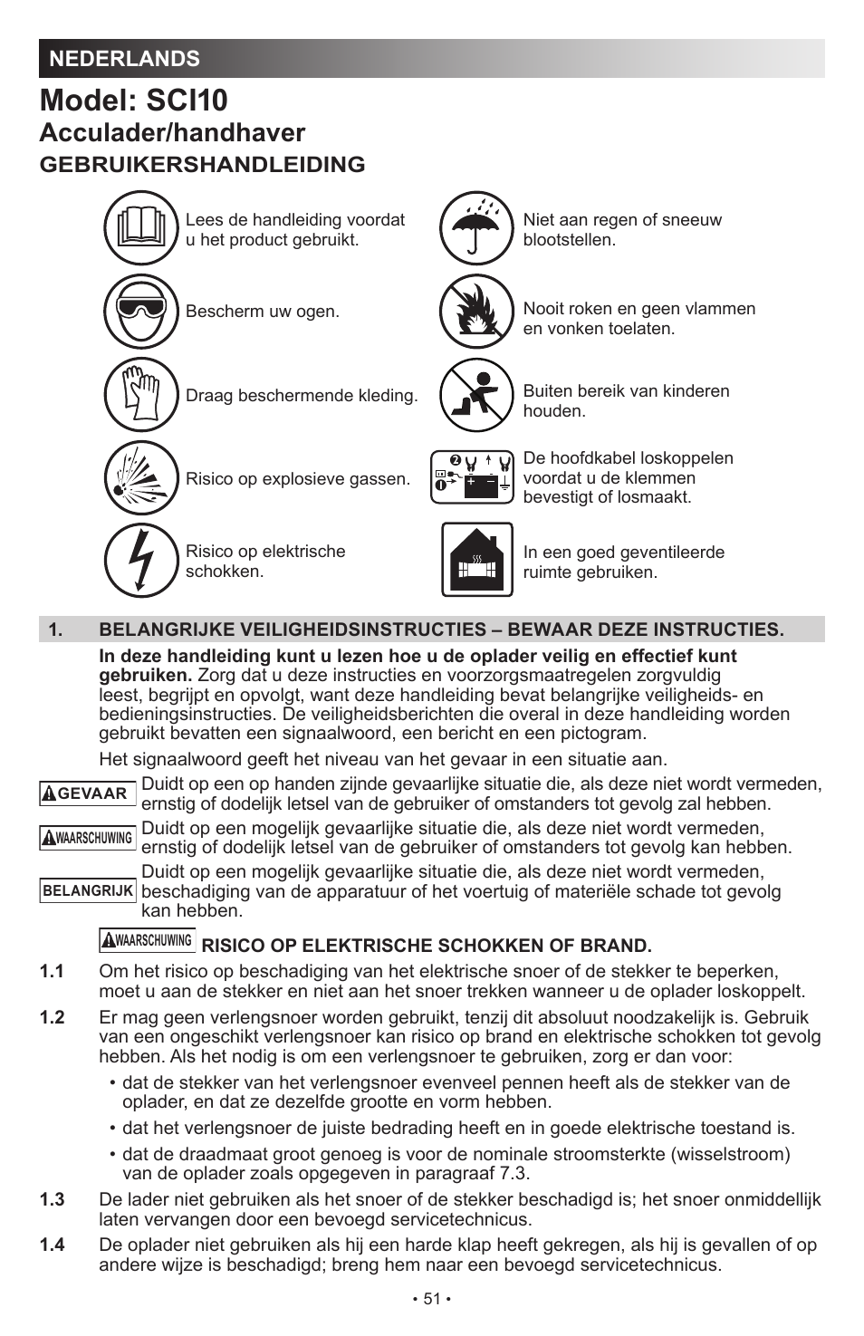 Model: sci10, Acculader/handhaver, Nederlands | Gebruikershandleiding | Schumacher SCI10 User Manual | Page 51 / 87