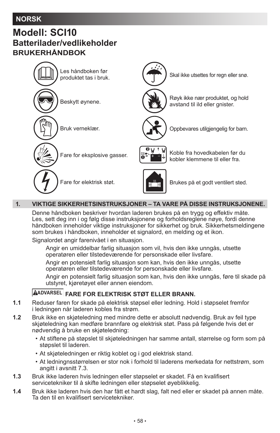 Modell: sci10, Batterilader/vedlikeholder, Norsk | Brukerhåndbok | Schumacher SCI10 User Manual | Page 58 / 87