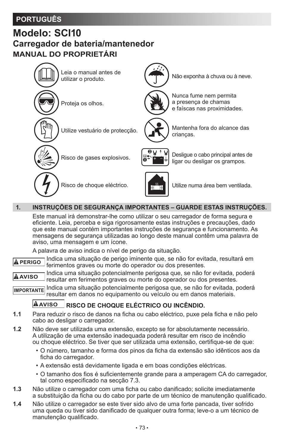 Modelo: sci10, Carregador de bateria/mantenedor, Português | Manual do proprietári | Schumacher SCI10 User Manual | Page 73 / 87