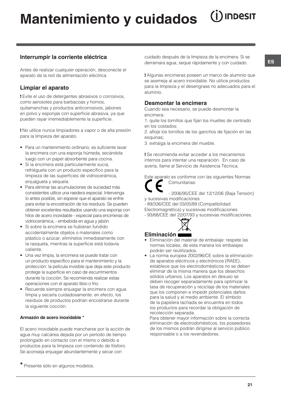 Mantenimiento y cuidados | Indesit VRH 642 DO X User Manual | Page 21 / 56
