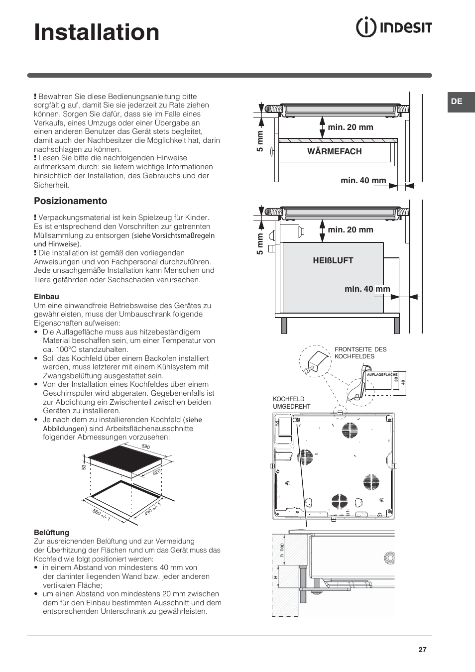 Installation, Posizionamento | Indesit VRH 642 DO X User Manual | Page 27 / 56