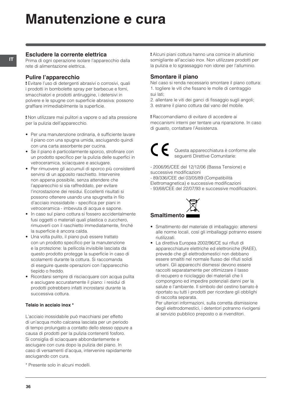 Manutenzione e cura | Indesit VRH 642 DO X User Manual | Page 36 / 56