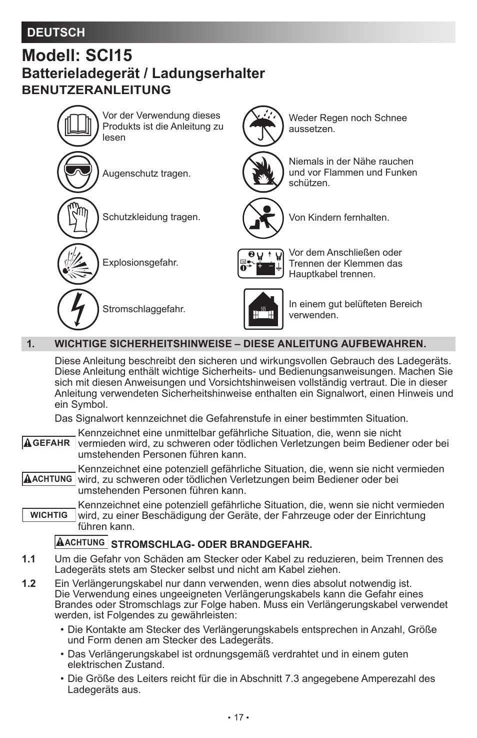 Modell: sci15, Batterieladegerät / ladungserhalter, Deutsch | Benutzeranleitung | Schumacher SCI15 User Manual | Page 17 / 89