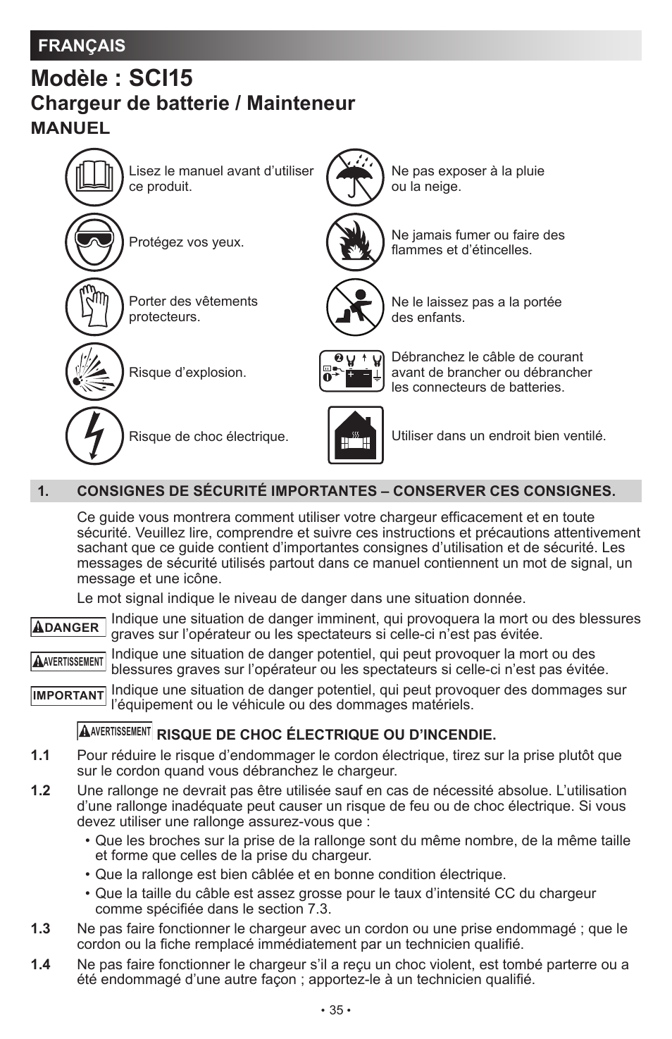 Sci15, Modèle, Chargeur de batterie / mainteneur | Français, Manuel | Schumacher SCI15 User Manual | Page 35 / 89