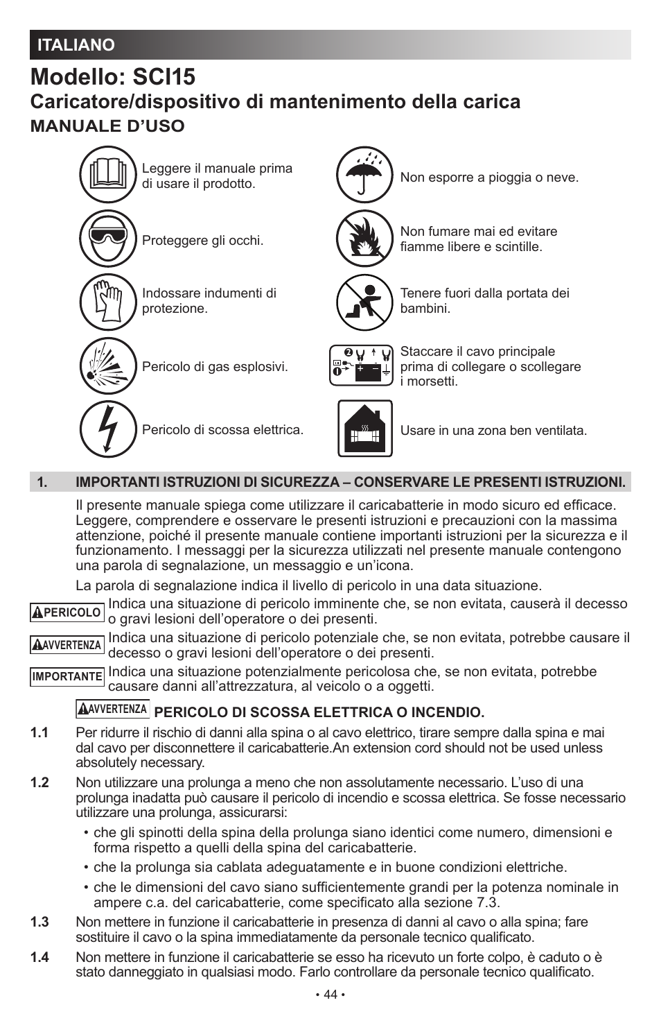 Modello: sci15, Italiano, Manuale d’uso | Schumacher SCI15 User Manual | Page 44 / 89