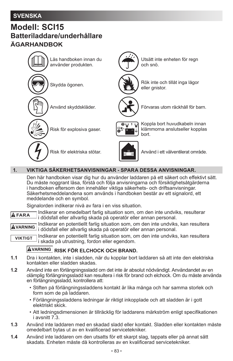 Modell: sci15, Batteriladdare/underhållare, Svenska | Ägarhandbok | Schumacher SCI15 User Manual | Page 83 / 89