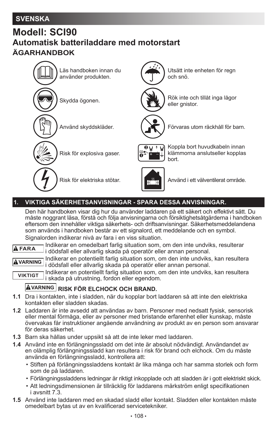 Modell: sci90, Automatisk batteriladdare med motorstart, Svenska | Ägarhandbok | Schumacher SCI90 User Manual | Page 108 / 120