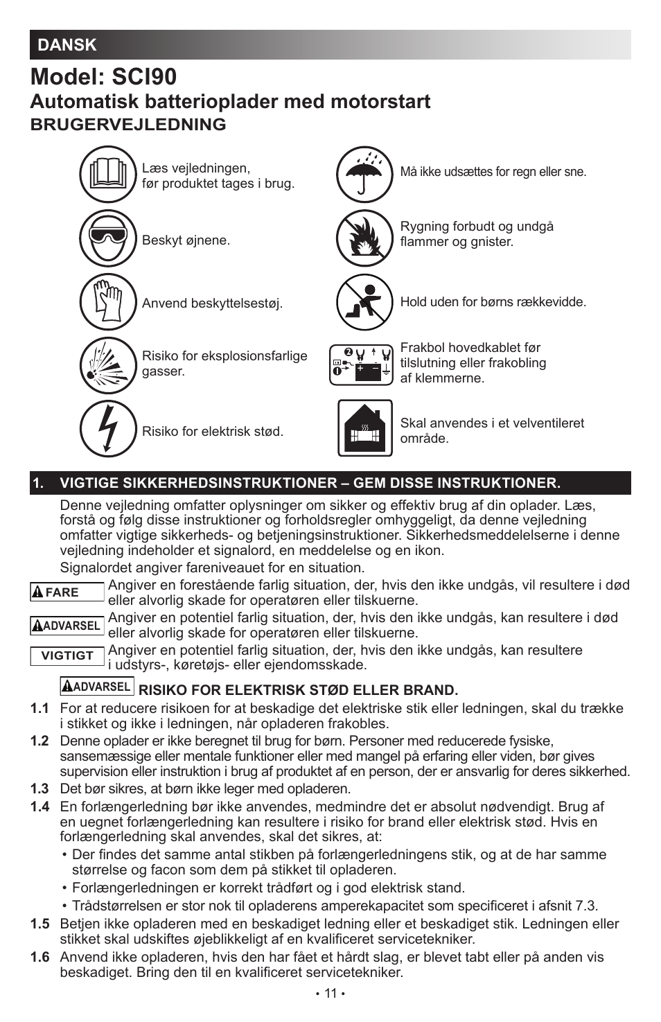 Model: sci90, Automatisk batterioplader med motorstart, Dansk | Brugervejledning | Schumacher SCI90 User Manual | Page 11 / 120