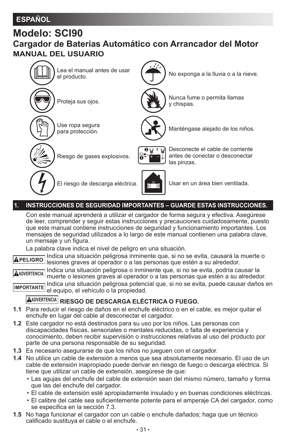 Modelo: sci90, Español, Manual del usuario | Schumacher SCI90 User Manual | Page 31 / 120