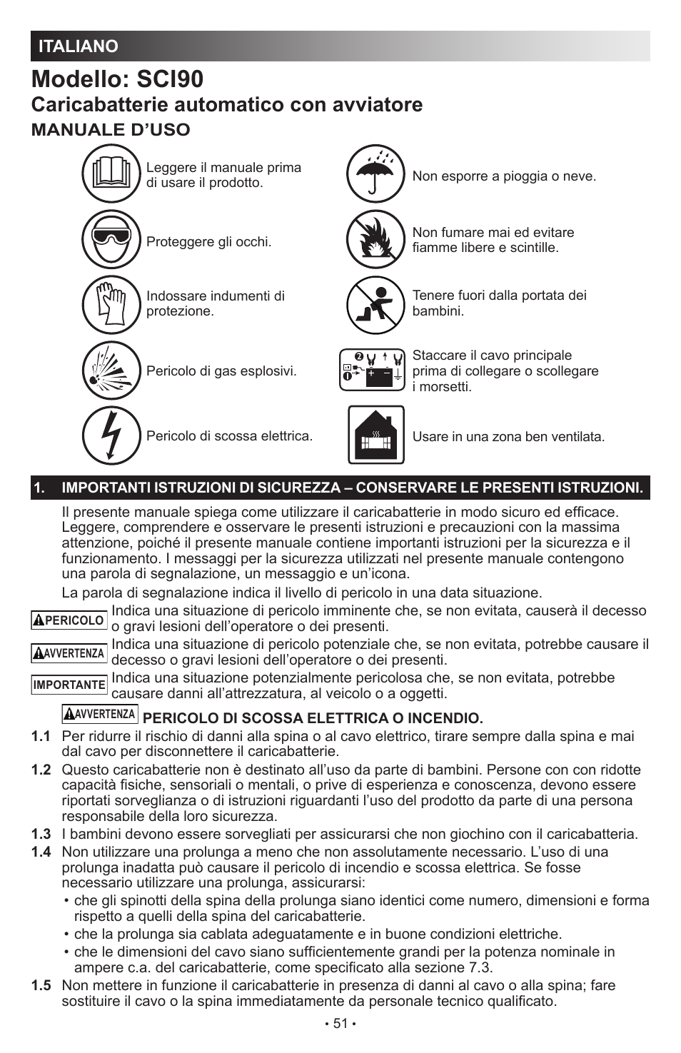 Modello: sci90, Caricabatterie automatico con avviatore, Italiano | Manuale d’uso | Schumacher SCI90 User Manual | Page 51 / 120