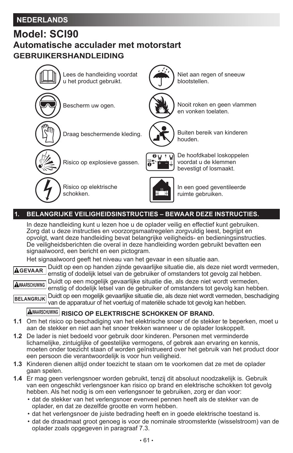 Model: sci90, Automatische acculader met motorstart, Nederlands | Gebruikershandleiding | Schumacher SCI90 User Manual | Page 61 / 120