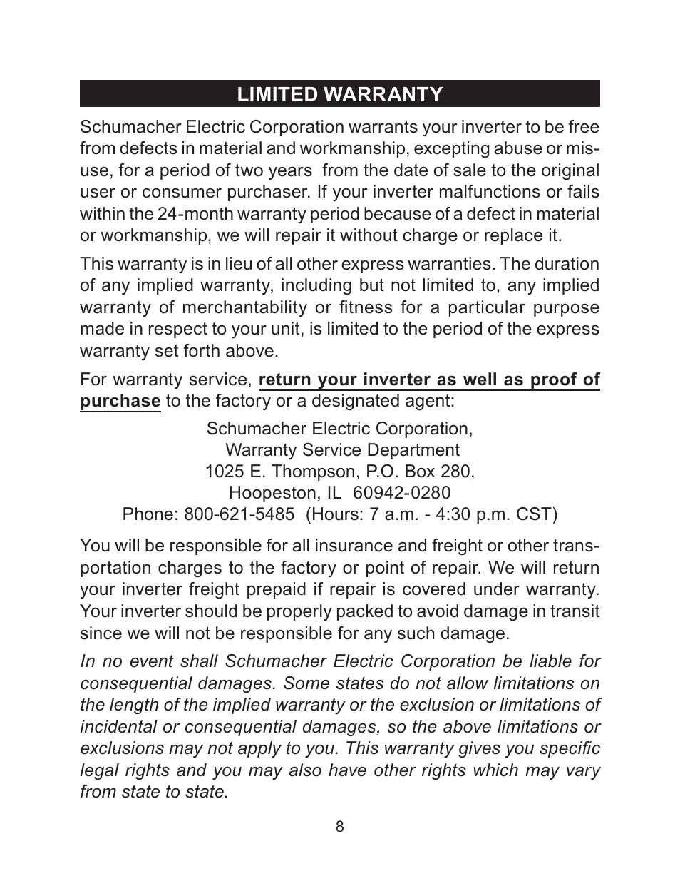 Schumacher PI-100SL User Manual | Page 8 / 8