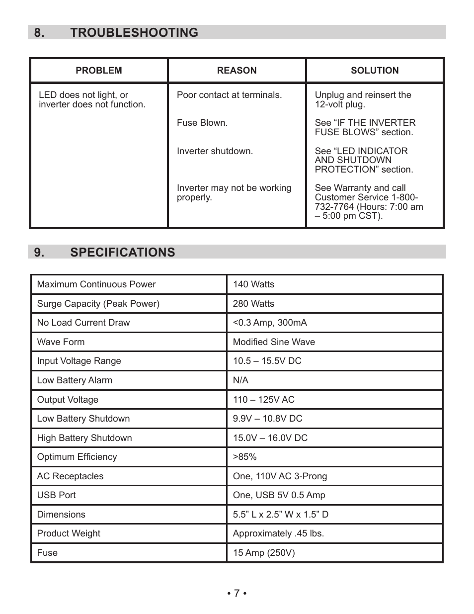Troubleshooting 8, Specifications 9 | Schumacher 71522 SEARS User Manual | Page 10 / 11