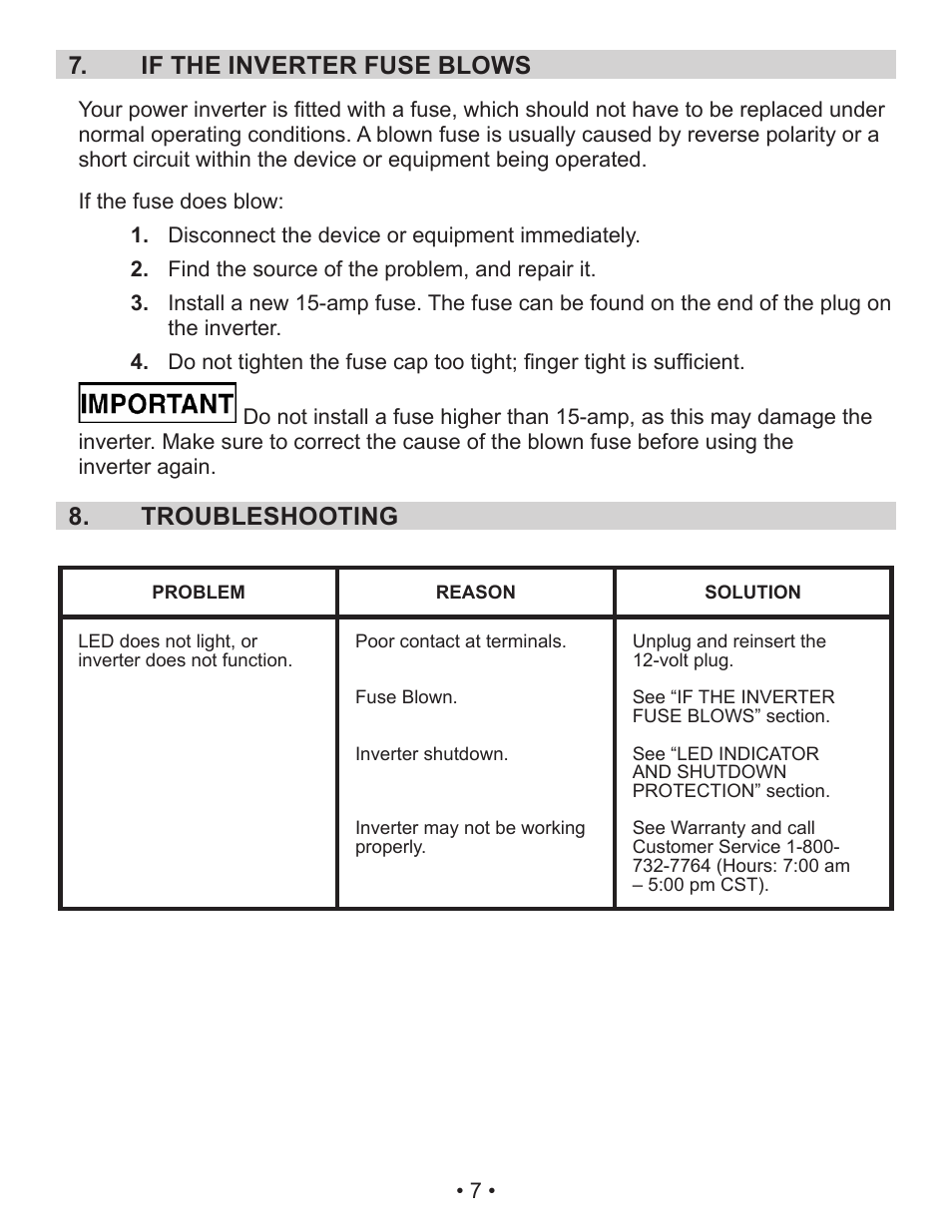 If the inverter fuse blows 7, Troubleshooting 8 | Schumacher 71520 SEARS User Manual | Page 10 / 11