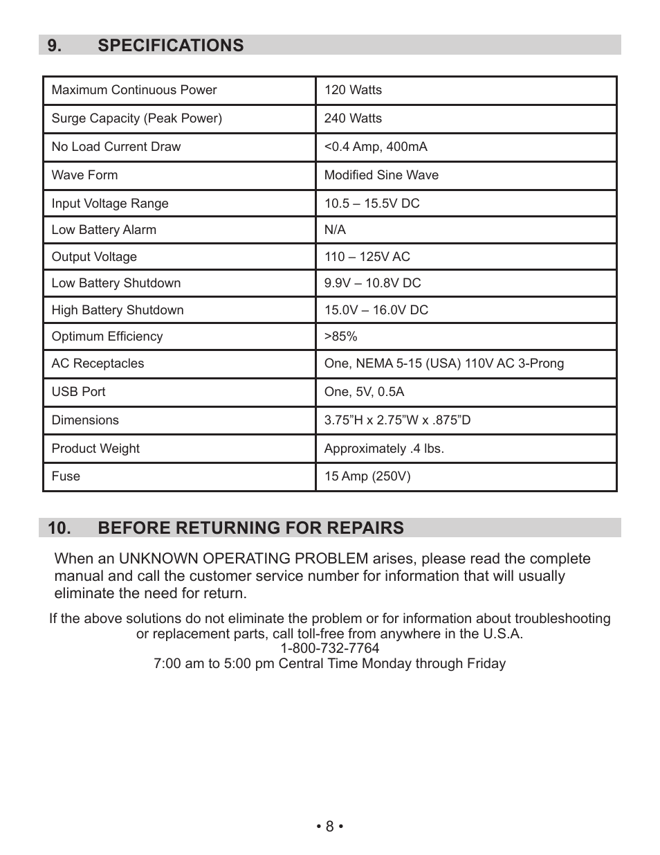 Specifications 9, Before returning for repairs 10 | Schumacher 71520 SEARS User Manual | Page 11 / 11