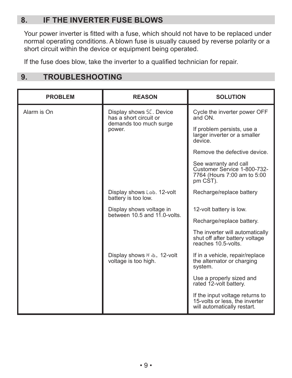 If the inverter fuse blows 8, Troubleshooting 9 | Schumacher 71494 5SEARS User Manual | Page 12 / 14