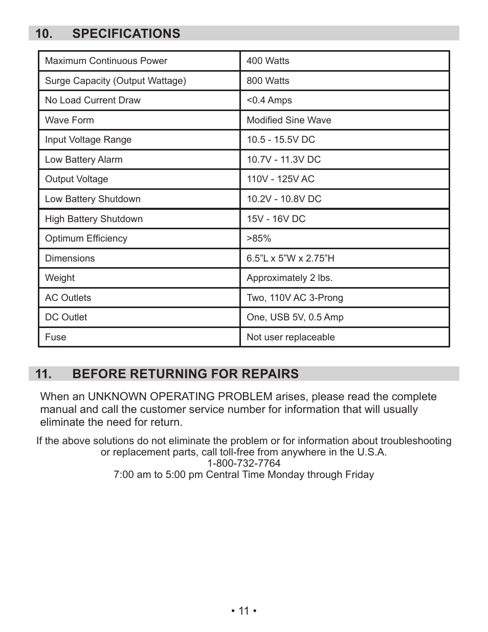 Specifications 10, Before returning for repairs 11 | Schumacher 71494 5SEARS User Manual | Page 14 / 14