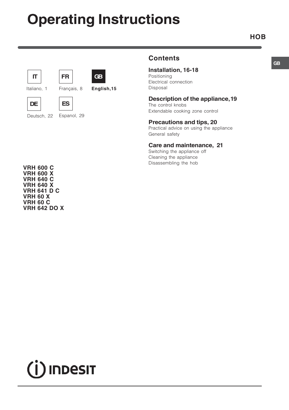 Operating instructions, Hob contents | Indesit VRH 600 X  EU User Manual | Page 15 / 36