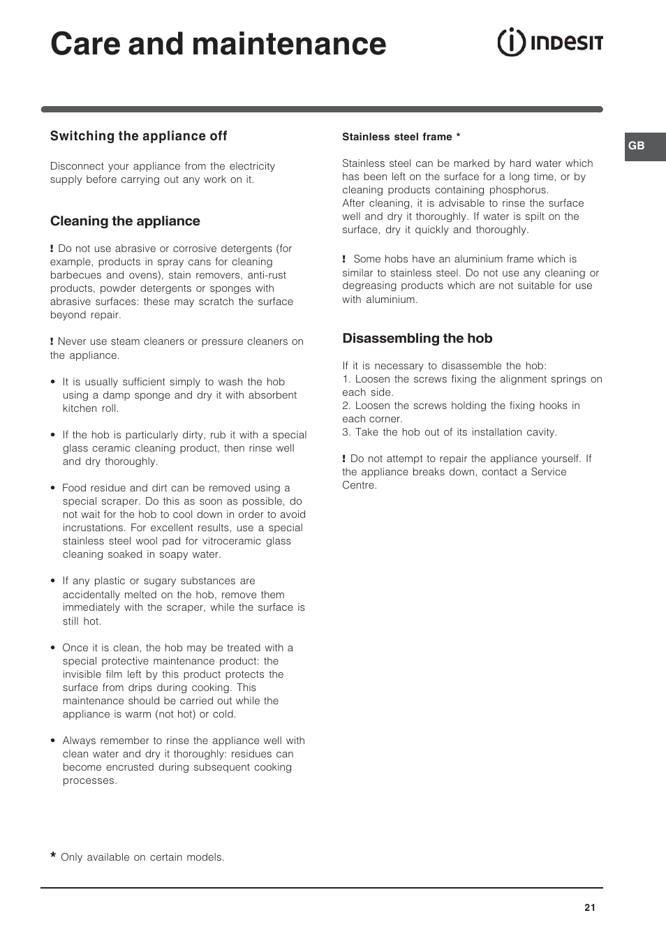 Care and maintenance | Indesit VRH 600 X  EU User Manual | Page 21 / 36