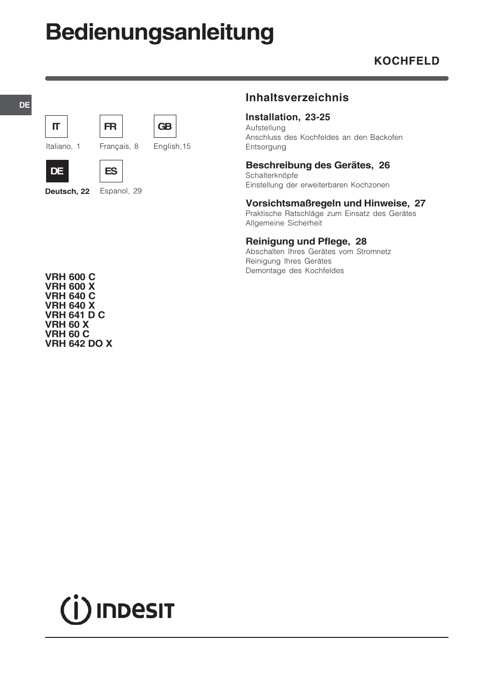 Bedienungsanleitung, Kochfeld inhaltsverzeichnis | Indesit VRH 600 X  EU User Manual | Page 22 / 36