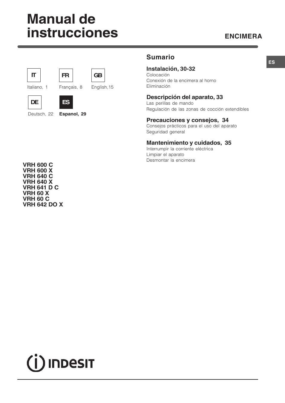 Manual de instrucciones | Indesit VRH 600 X  EU User Manual | Page 29 / 36