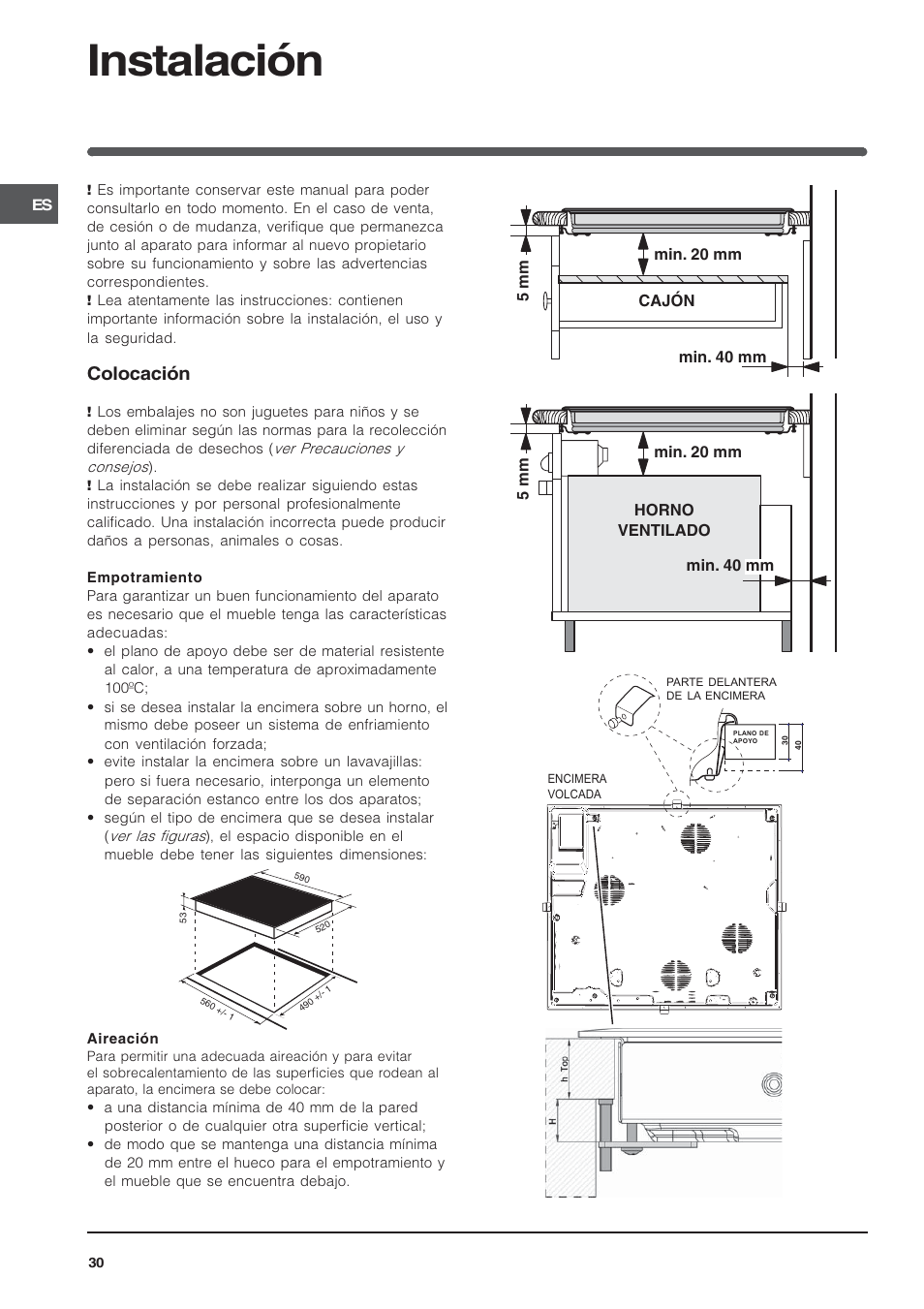 Instalación, Colocación | Indesit VRH 600 X  EU User Manual | Page 30 / 36