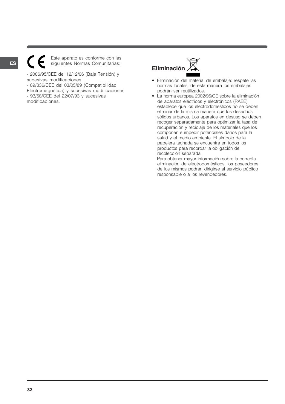 Eliminación | Indesit VRH 600 X  EU User Manual | Page 32 / 36