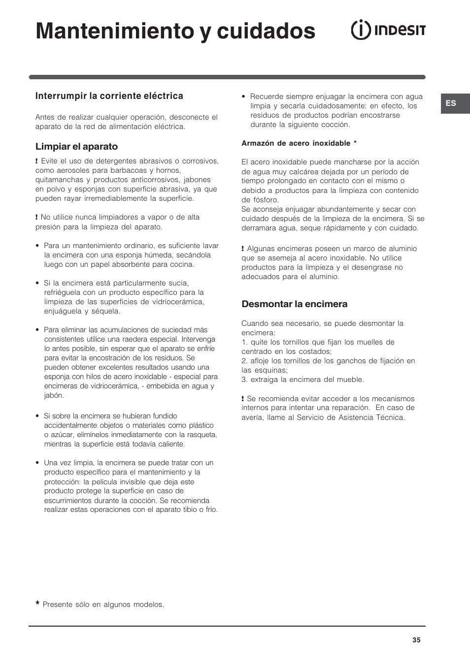 Mantenimiento y cuidados | Indesit VRH 600 X  EU User Manual | Page 35 / 36