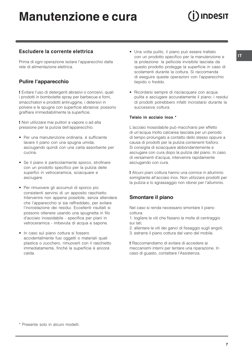 Manutenzione e cura, Escludere la corrente elettrica, Pulire lapparecchio | Smontare il piano | Indesit VRH 600 X  EU User Manual | Page 7 / 36