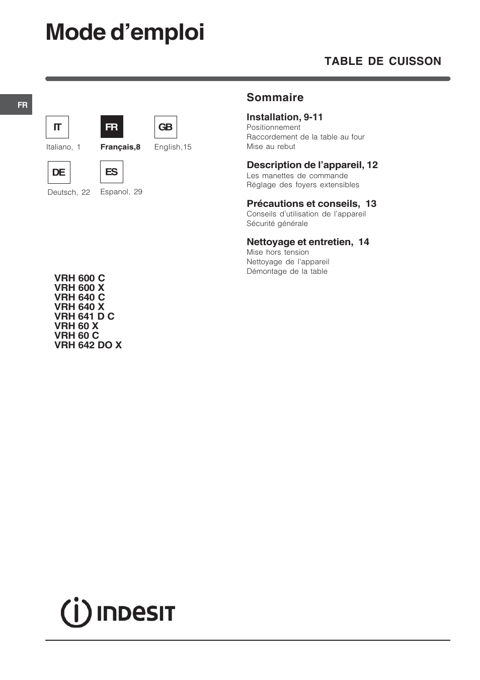 Mode demploi, Table de cuisson sommaire | Indesit VRH 600 X  EU User Manual | Page 8 / 36