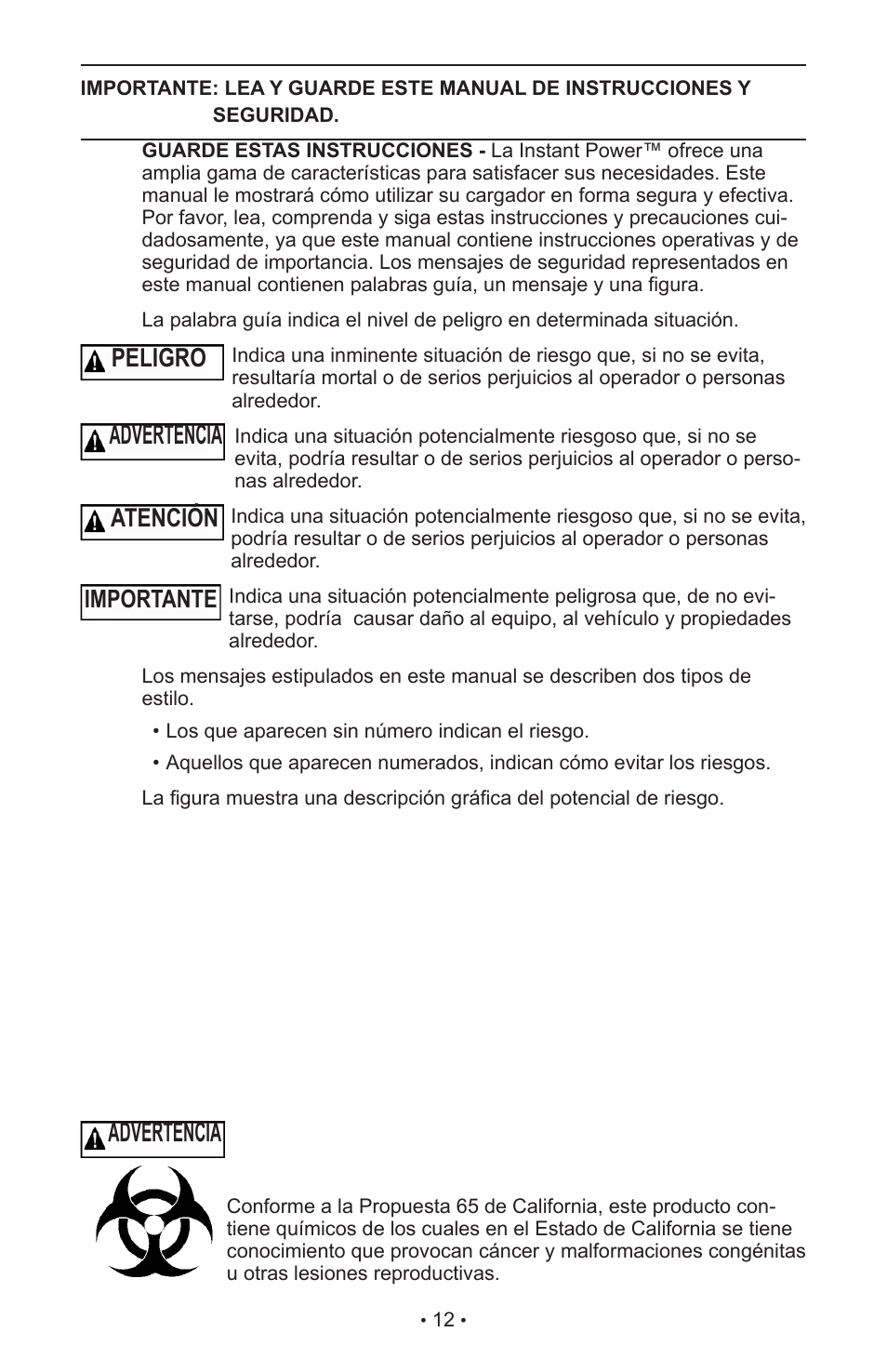 Advertencia, Peligro, Atención | Importante | Schumacher IP-1800I User Manual | Page 16 / 37