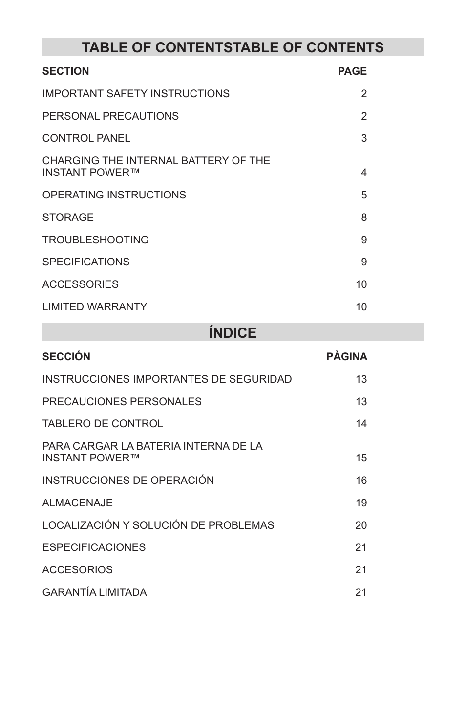 Table of contentstable of contents, Índice | Schumacher IP-1800I User Manual | Page 3 / 37