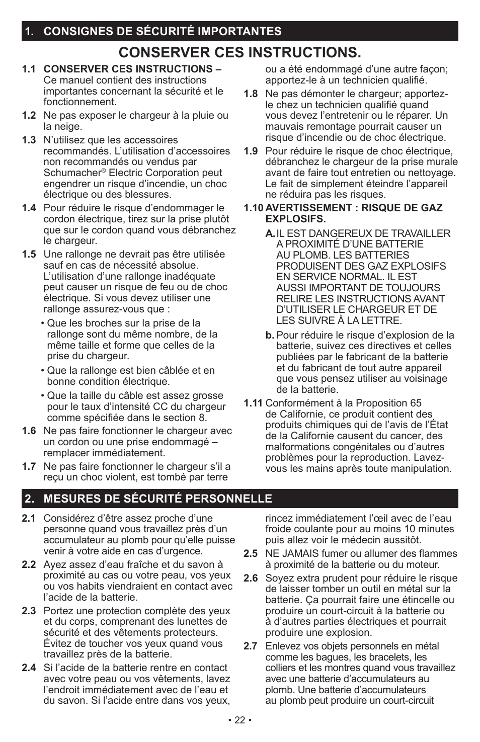 Conserver ces instructions | Schumacher PSC-2030T User Manual | Page 22 / 32