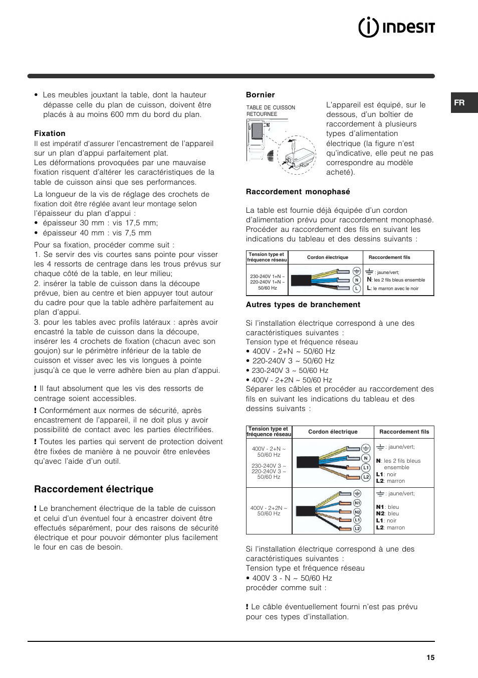 Raccordement électrique | Indesit VRA 641 D X User Manual | Page 15 / 60