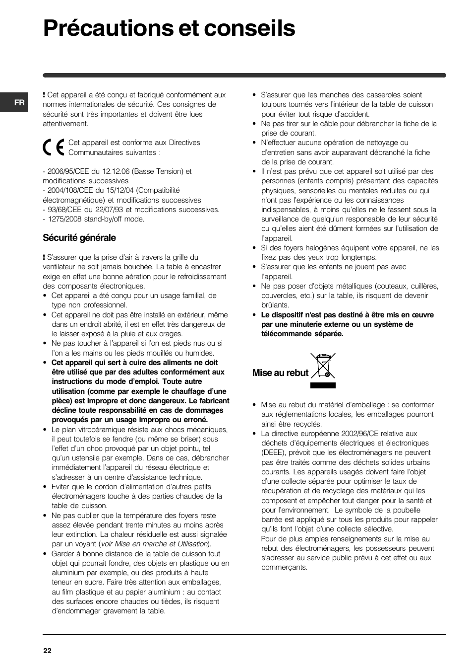 Précautions et conseils | Indesit VRA 641 D X User Manual | Page 22 / 60