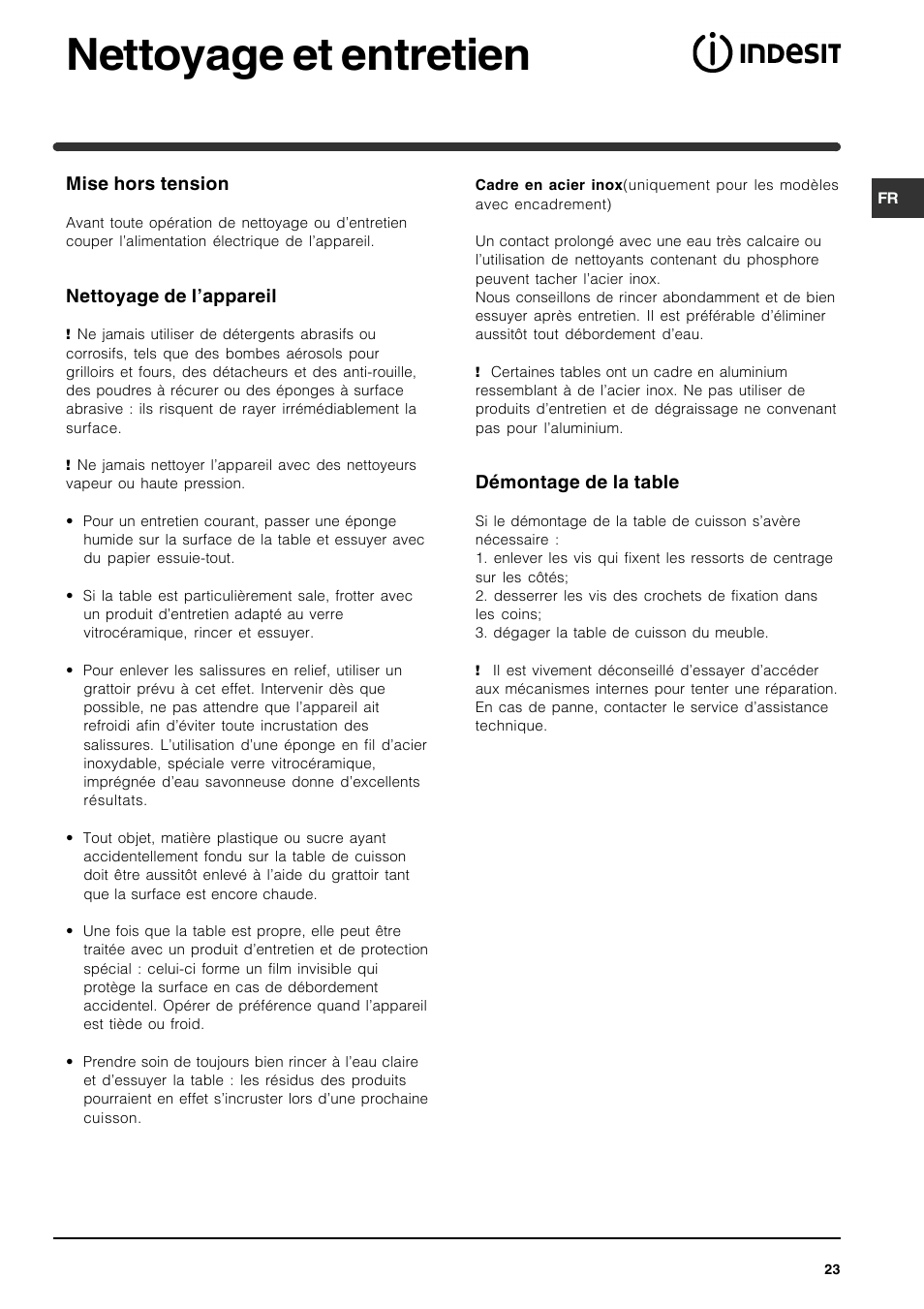 Nettoyage et entretien | Indesit VRA 641 D X User Manual | Page 23 / 60