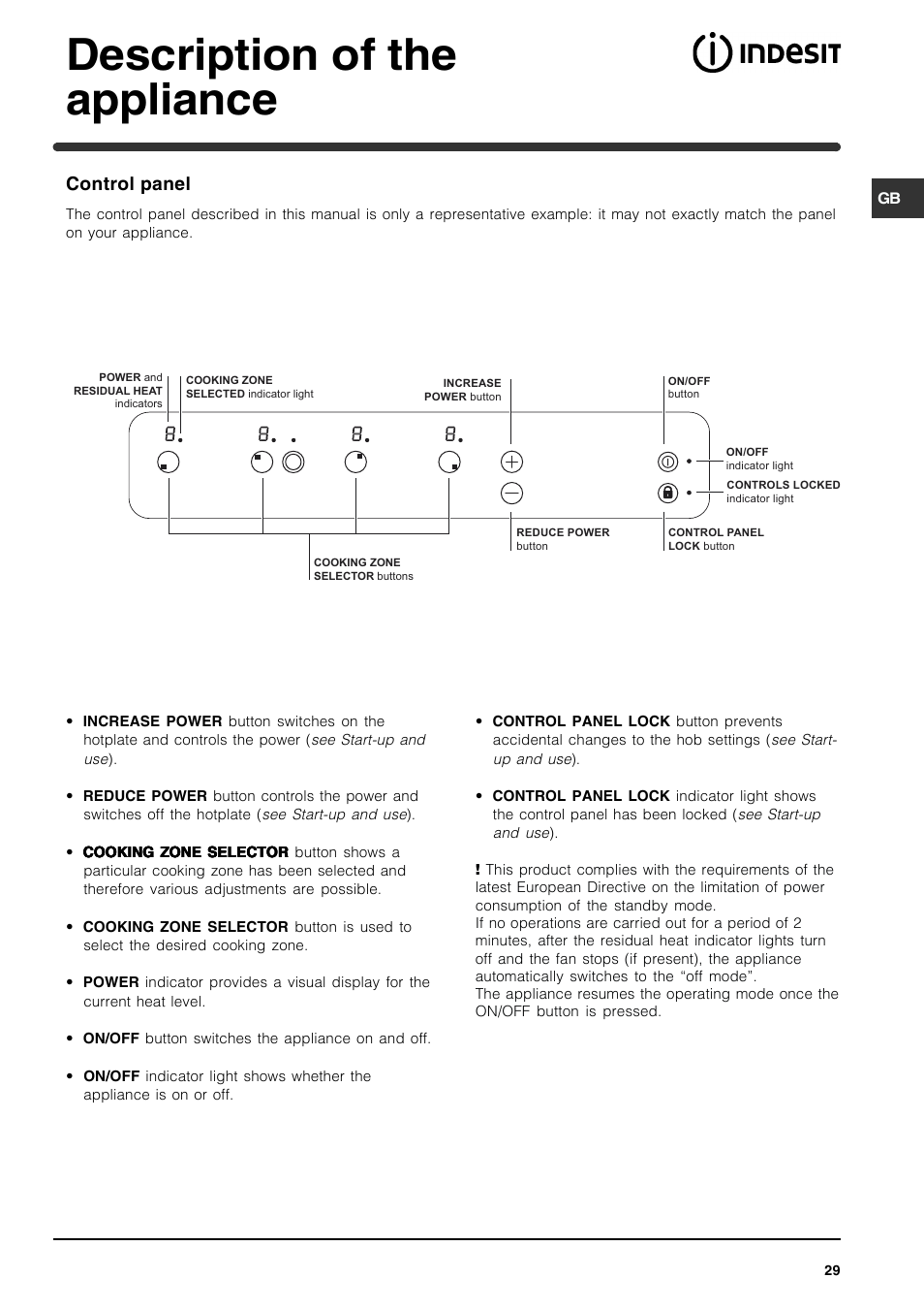 Description of the appliance, Control panel | Indesit VRA 641 D X User Manual | Page 29 / 60