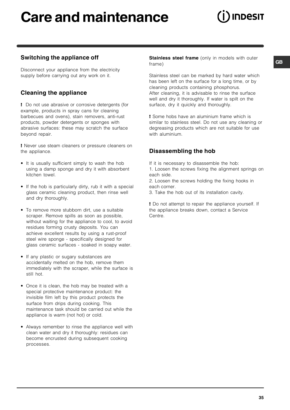 Care and maintenance | Indesit VRA 641 D X User Manual | Page 35 / 60