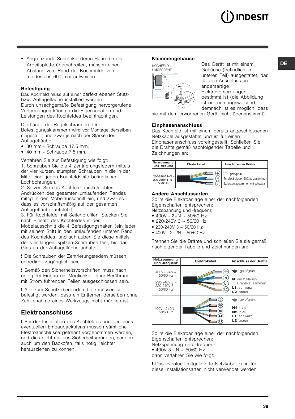 Elektroanschluss | Indesit VRA 641 D X User Manual | Page 39 / 60