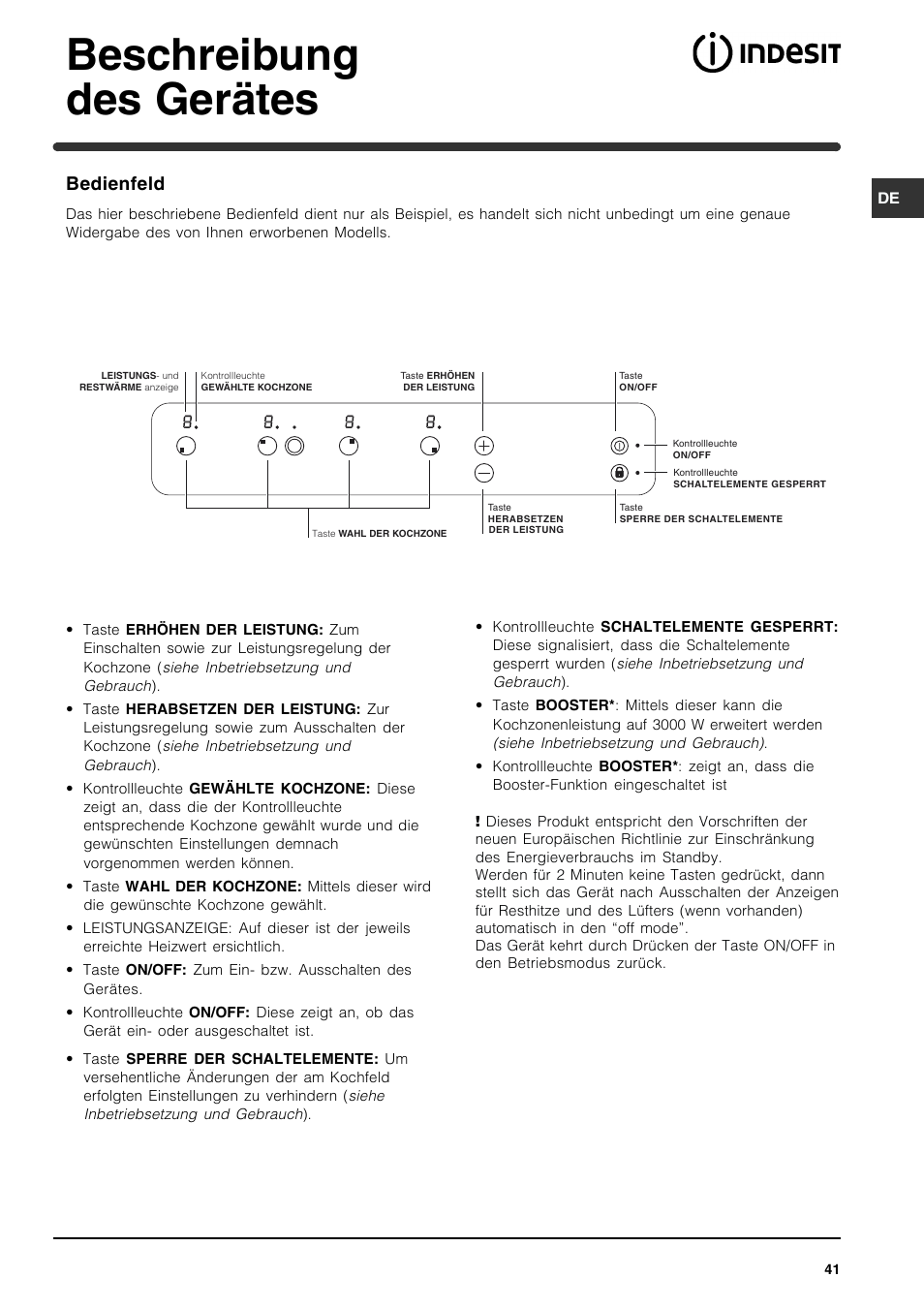 Beschreibung des gerätes, Bedienfeld | Indesit VRA 641 D X User Manual | Page 41 / 60