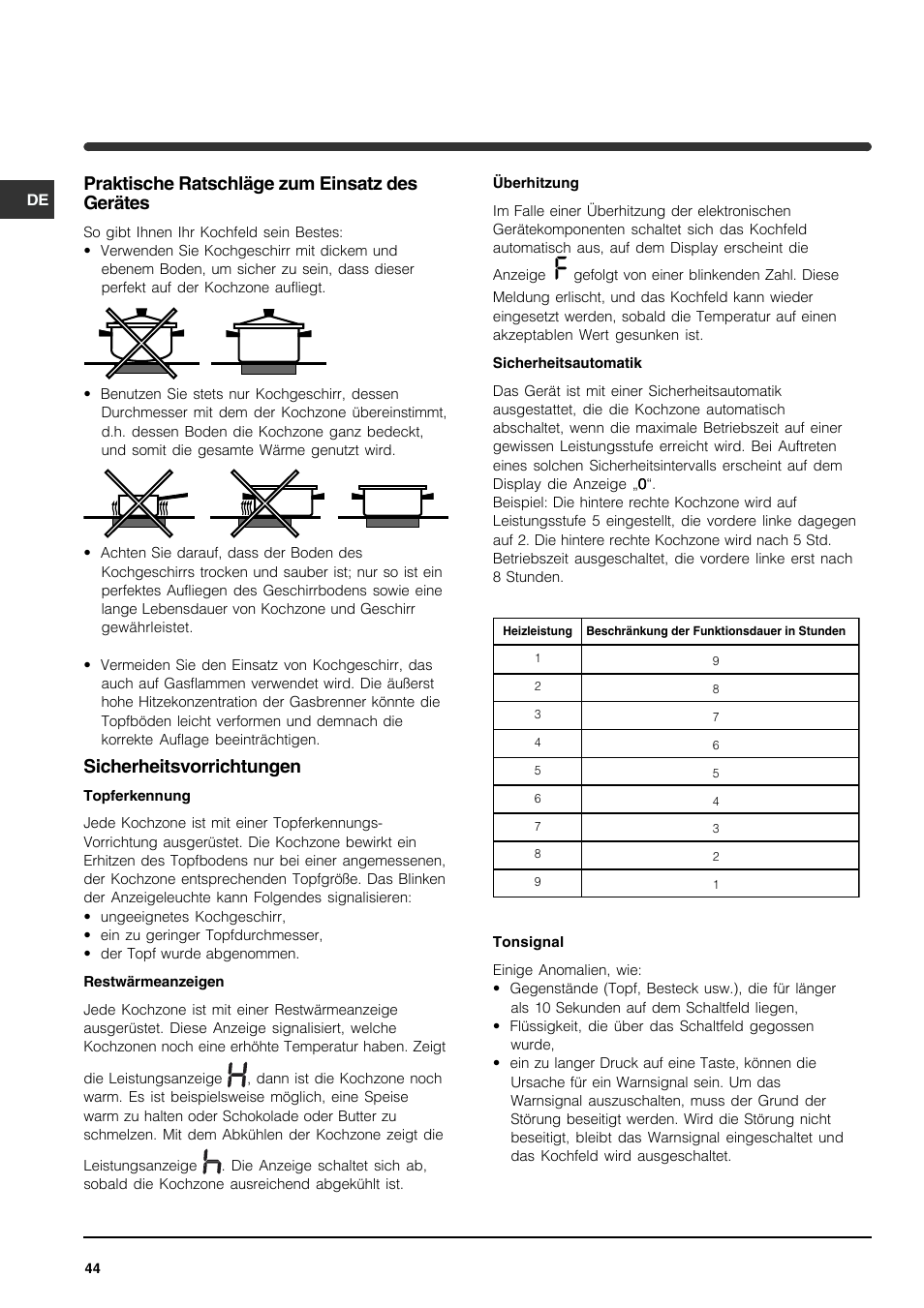 Praktische ratschläge zum einsatz des gerätes, Sicherheitsvorrichtungen | Indesit VRA 641 D X User Manual | Page 44 / 60