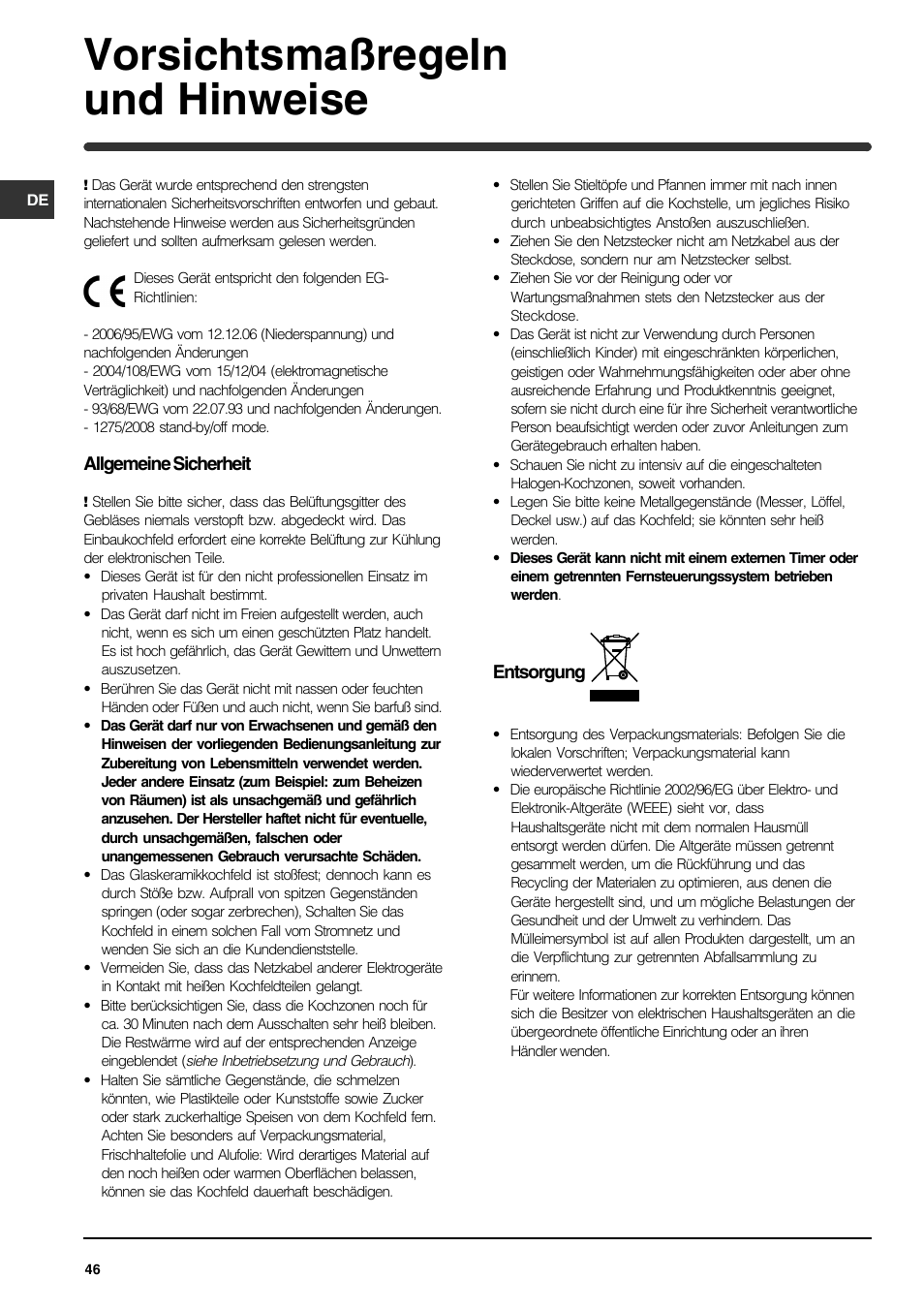 Vorsichtsmaßregeln und hinweise | Indesit VRA 641 D X User Manual | Page 46 / 60