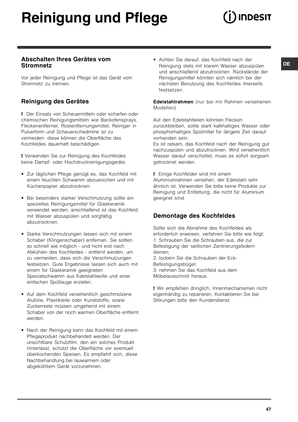 Reinigung und pflege | Indesit VRA 641 D X User Manual | Page 47 / 60