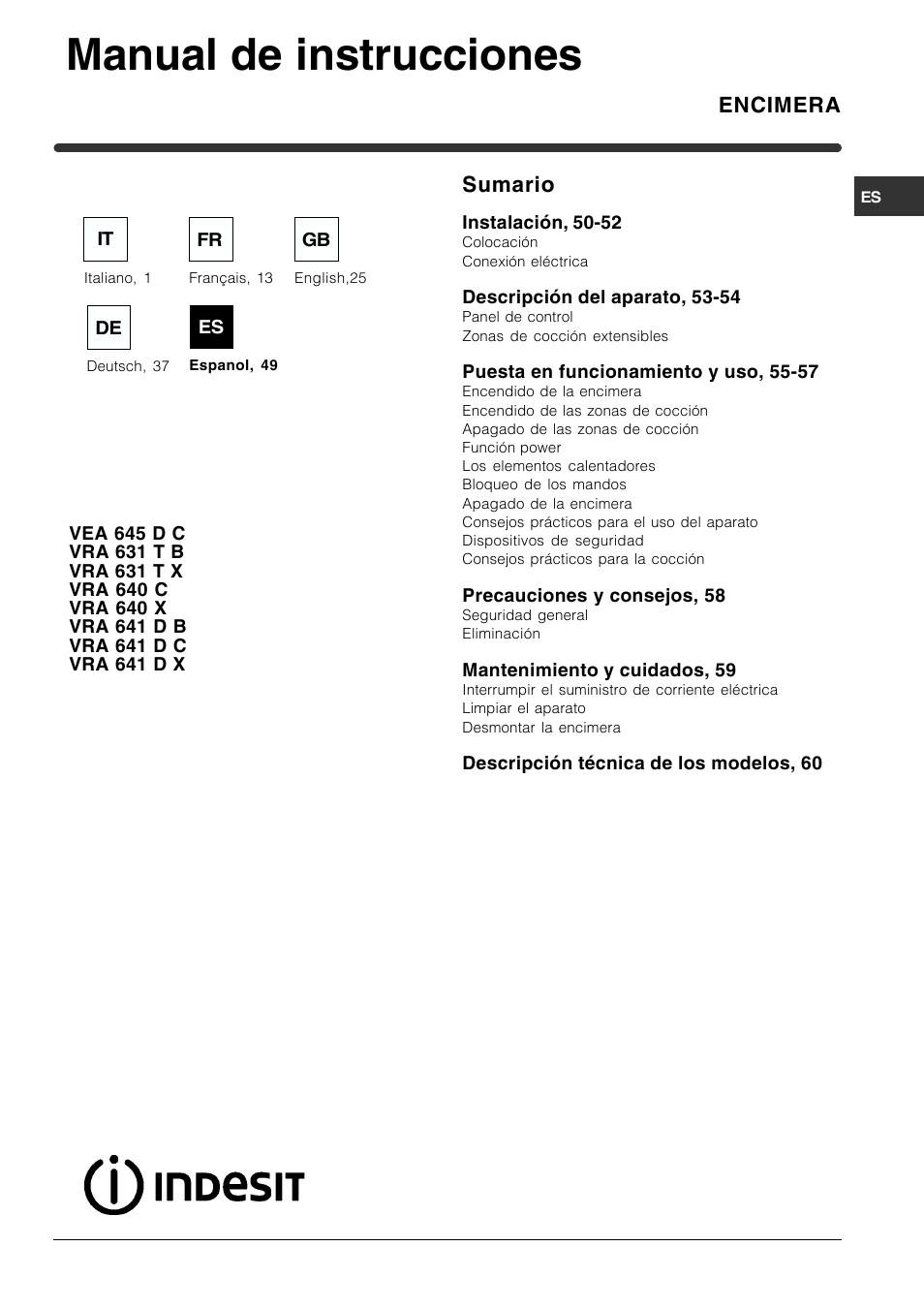 Manual de instrucciones | Indesit VRA 641 D X User Manual | Page 49 / 60
